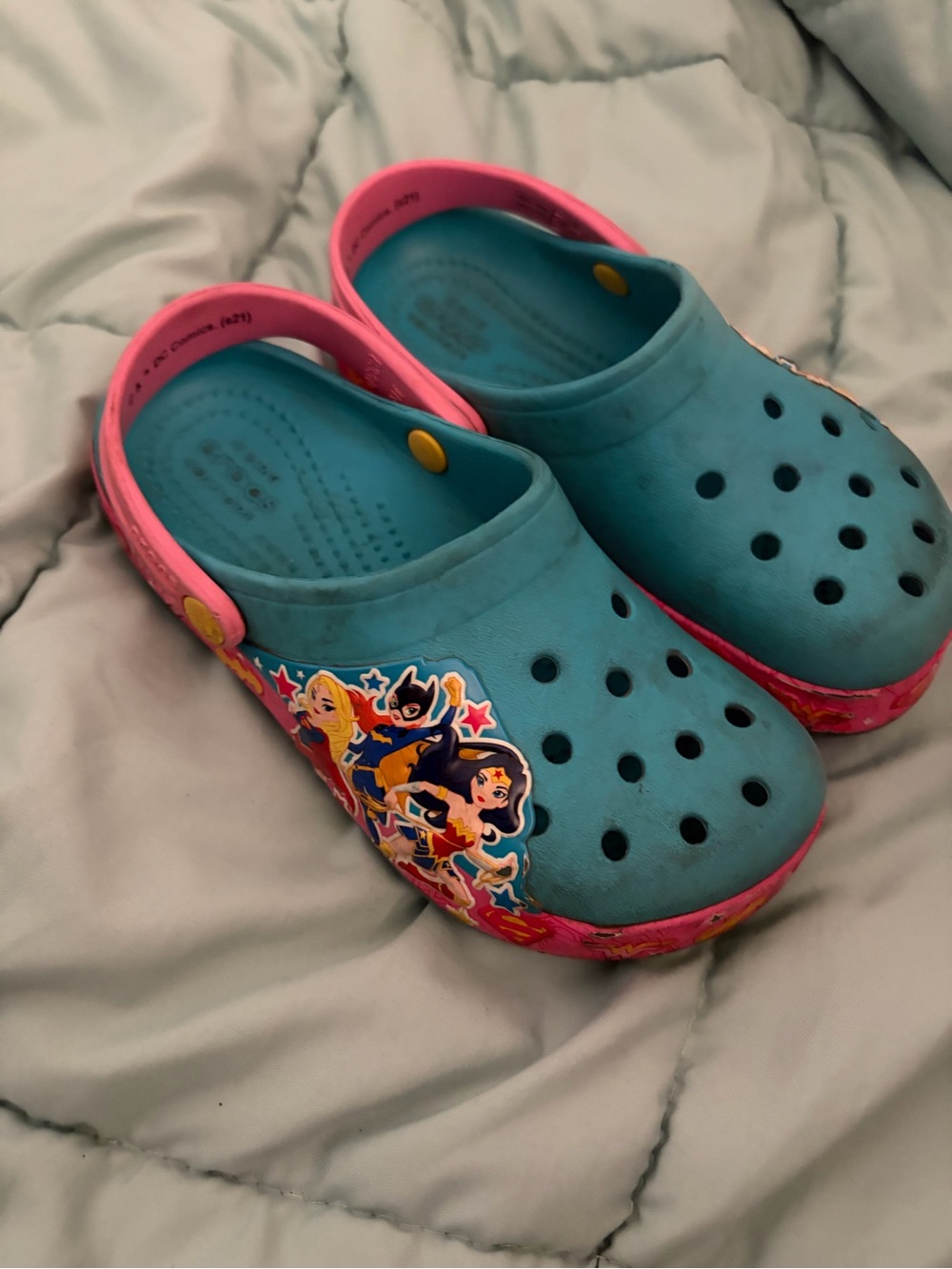 CROCS Kids Teal Clog with Pink Strap and Superhero Patch